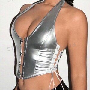 Silver V Neck Faux Leather Corset Lace Up Back